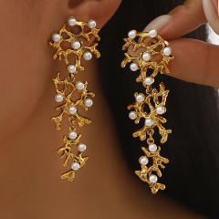 Retro Bridal Branch Earrings Geometric Design Pearl Earrings