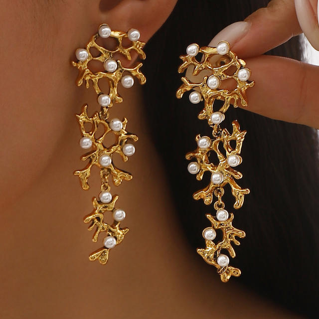 Retro Bridal Branch Earrings Geometric Design Pearl Earrings