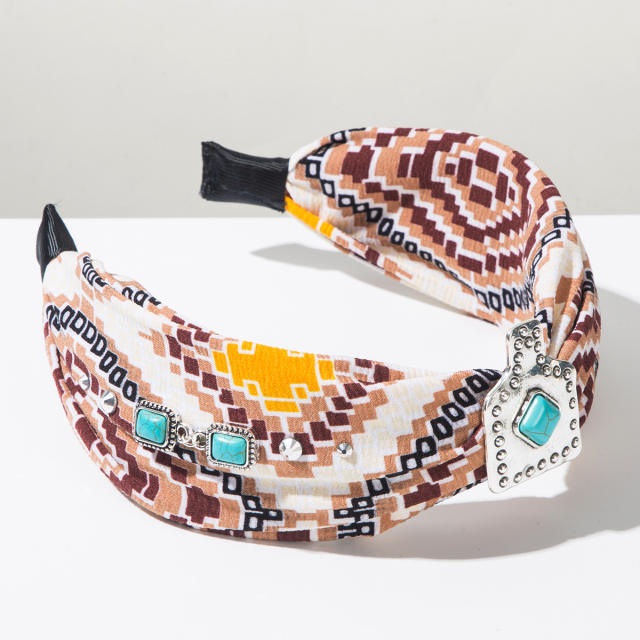 New Ethnic Style Turquoise Wide-Brimmed Headband Printed Fabric Geometric Versatile Hair Accessories