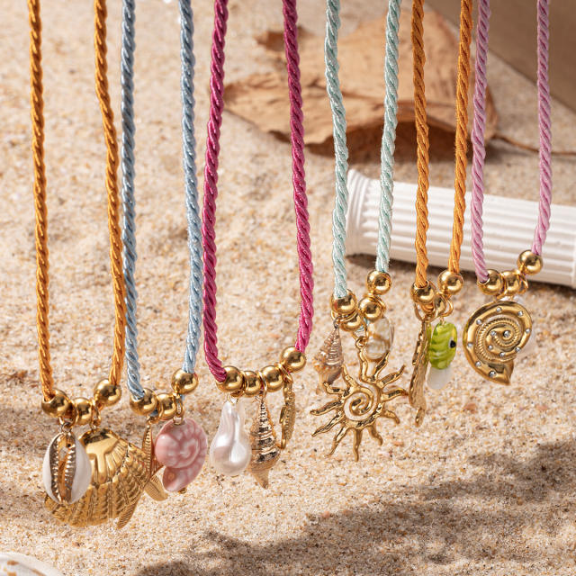 Simple Ocean Element stainless steel Shell Colorful Rope Pendant Necklace Jewelry