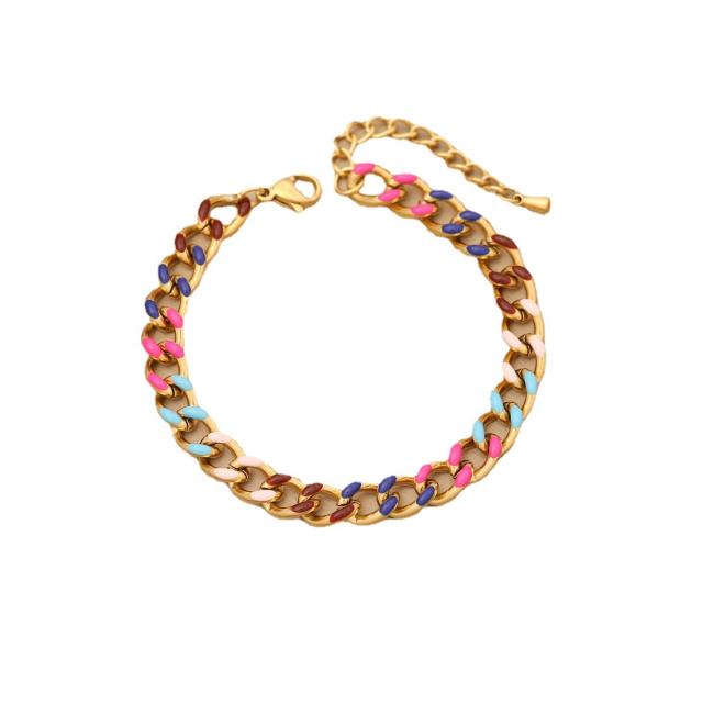 Color drop oil simple cuban link chain stainless steel necklace bracelet suit