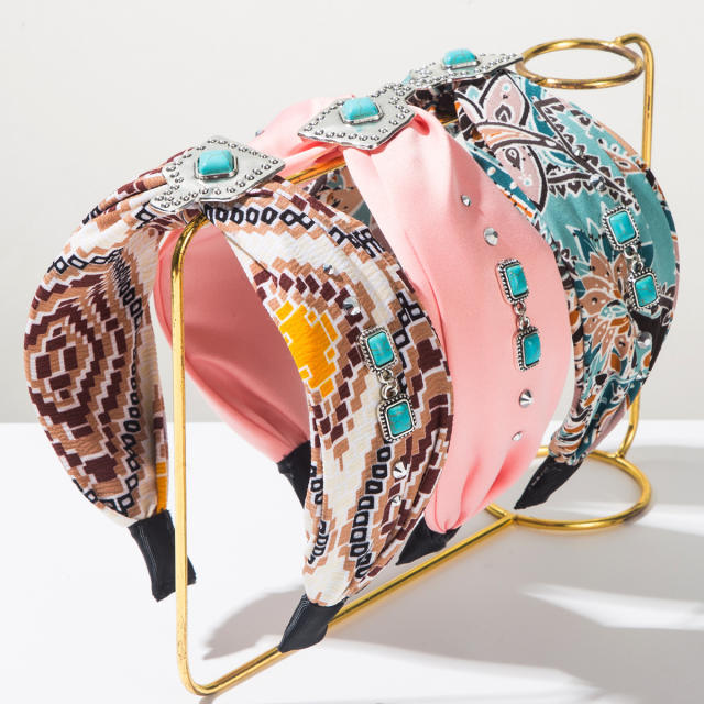 New Ethnic Style Turquoise Wide-Brimmed Headband Printed Fabric Geometric Versatile Hair Accessories