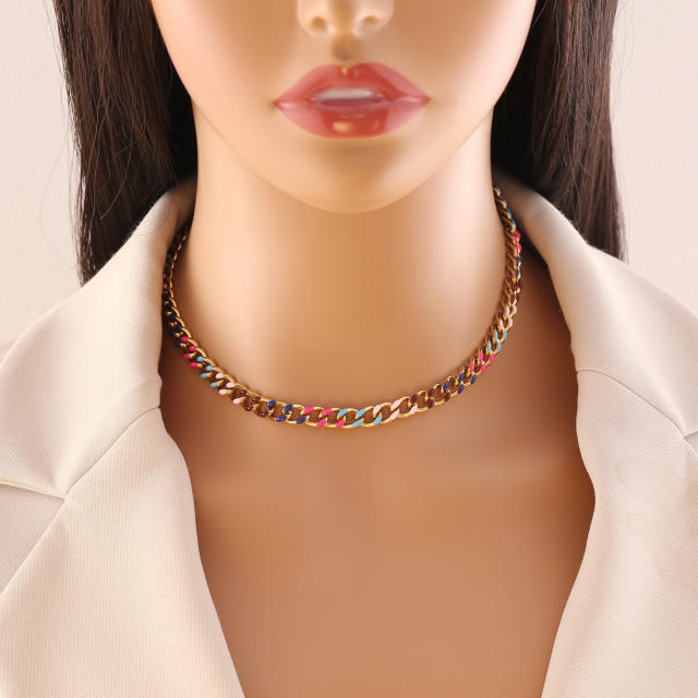 Color drop oil simple cuban link chain stainless steel necklace bracelet suit