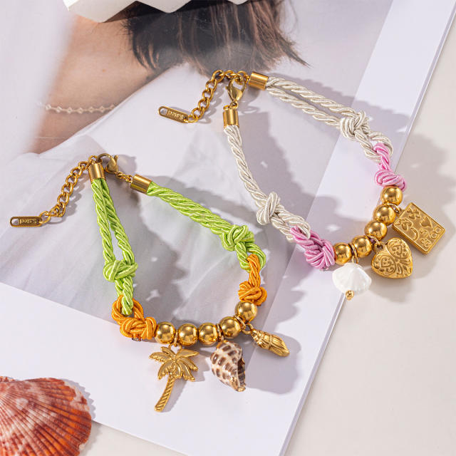 Beach Style stainless steel Shell Flower Conch charm Braided Bracelet Women's Jewelry
