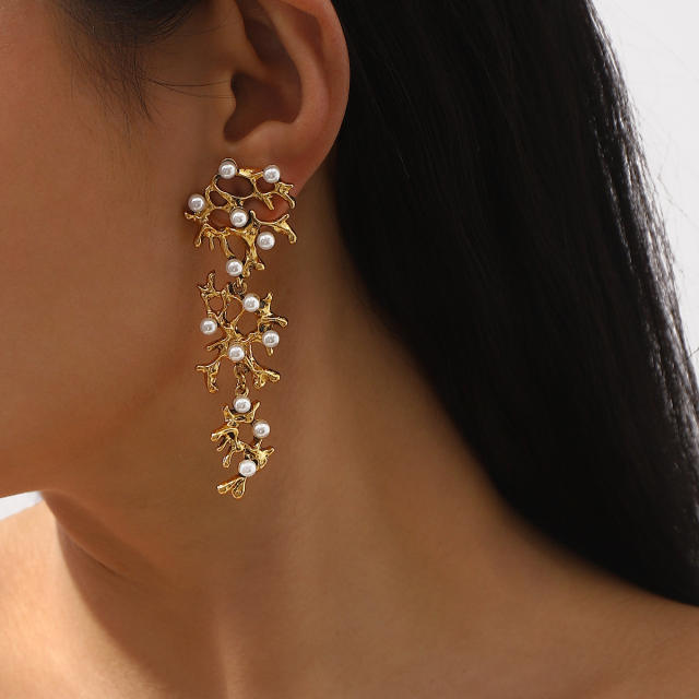 Retro Bridal Branch Earrings Geometric Design Pearl Earrings