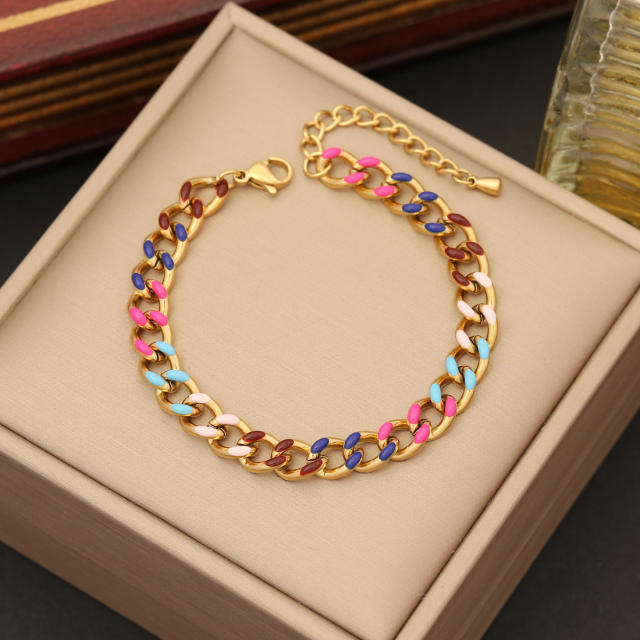 Color drop oil simple cuban link chain stainless steel necklace bracelet suit