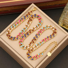 Color drop oil simple cuban link chain stainless steel necklace bracelet suit