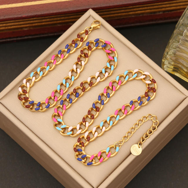 Color drop oil simple cuban link chain stainless steel necklace bracelet suit