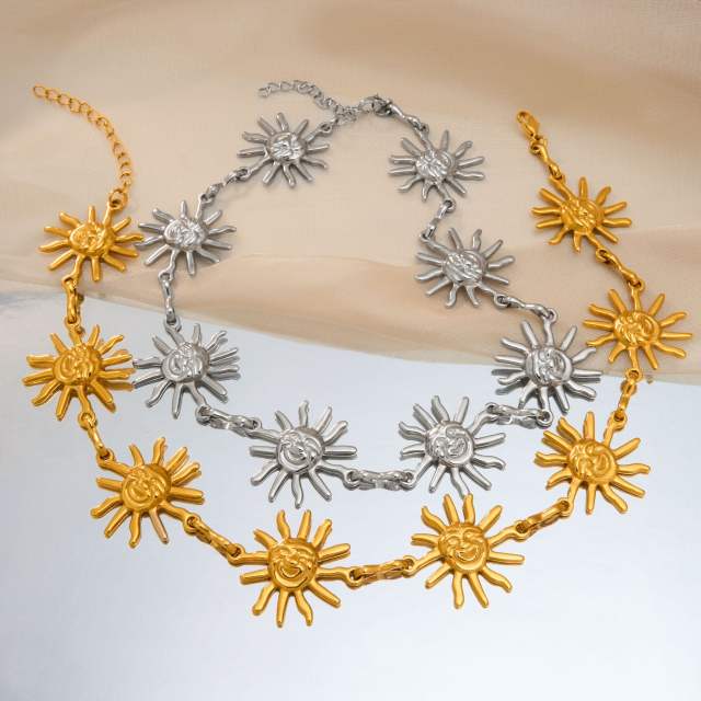 8K Gold Vacuum Electroplated Titanium Steel Choker Necklace Light Luxury Fashionable Sun Necklace