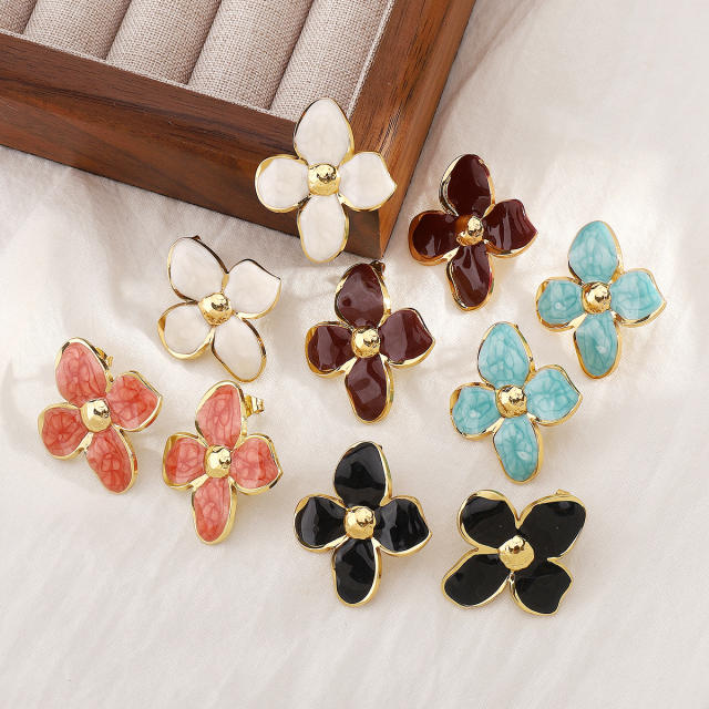 New French Flower Four-Petal Stainless Steel Earrings for Women
