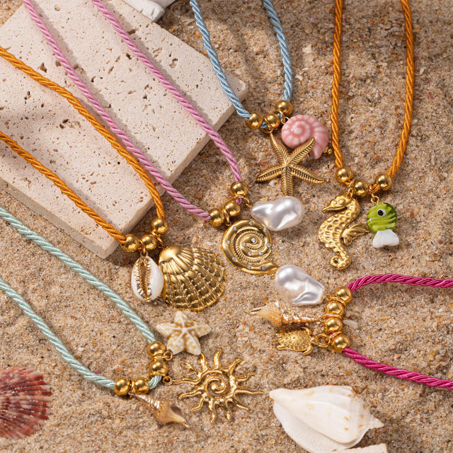 Simple Ocean Element stainless steel Shell Colorful Rope Pendant Necklace Jewelry