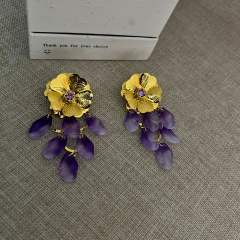Gold Flower Purple Pendant Earrings Exaggerated Long Earrings flower earrings for summer