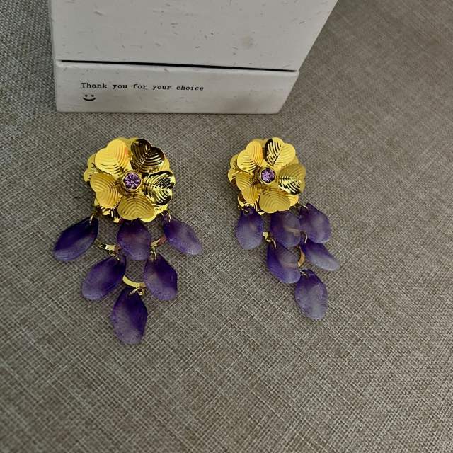 Gold Flower Purple Pendant Earrings Exaggerated Long Earrings flower earrings for summer