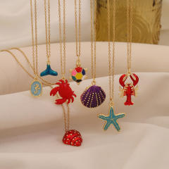 Colorful enamel starfish conch pendant stainless steel chain necklace beach vacation jewelry