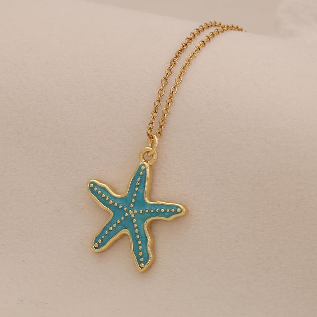 Colorful enamel starfish conch pendant stainless steel chain necklace beach vacation jewelry