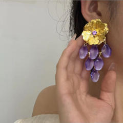 Gold Flower Purple Pendant Earrings Exaggerated Long Earrings flower earrings for summer