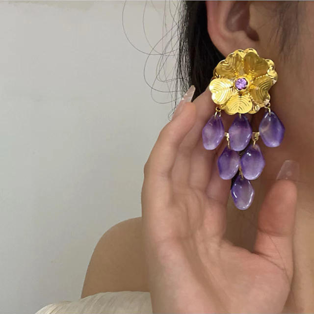 Gold Flower Purple Pendant Earrings Exaggerated Long Earrings flower earrings for summer