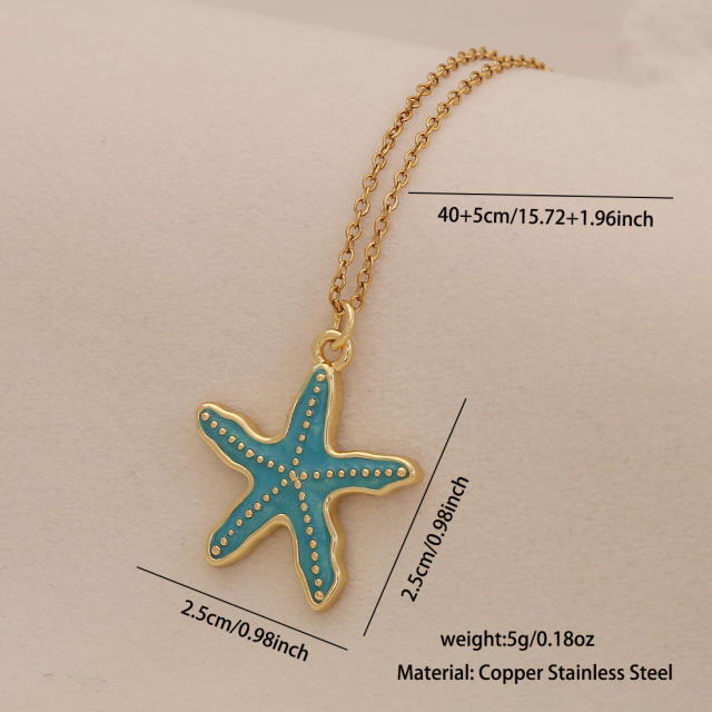 Colorful enamel starfish conch pendant stainless steel chain necklace beach vacation jewelry