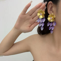 Gold Flower Purple Pendant Earrings Exaggerated Long Earrings flower earrings for summer