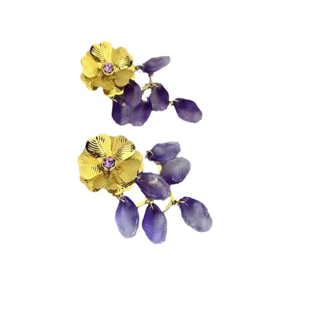 Gold Flower Purple Pendant Earrings Exaggerated Long Earrings flower earrings for summer