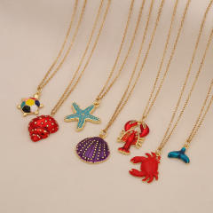 Colorful enamel starfish conch pendant stainless steel chain necklace beach vacation jewelry