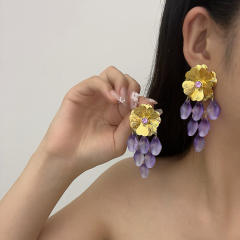 Gold Flower Purple Pendant Earrings Exaggerated Long Earrings flower earrings for summer