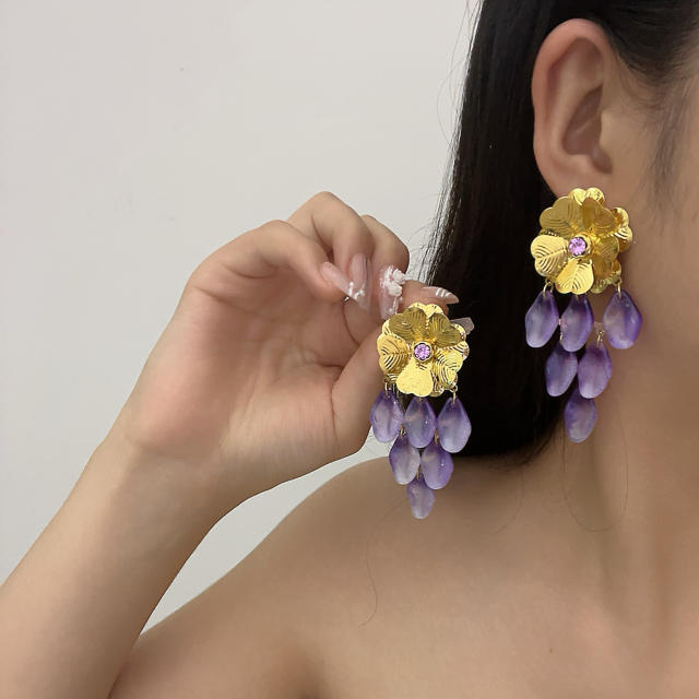 Gold Flower Purple Pendant Earrings Exaggerated Long Earrings flower earrings for summer