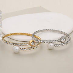 Elegant diamond elastic bangle stainless steel pearl bangle