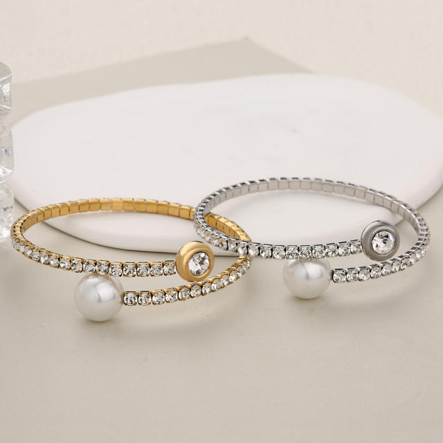 Elegant diamond elastic bangle stainless steel pearl bangle