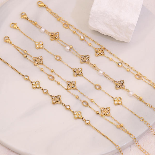 Delicate diamond clover two layer stainless steel bracelet