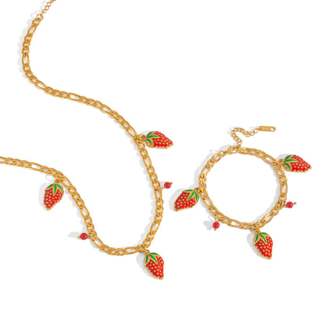 Summer sweet fruit strawberry charm stainless steel bracelet necklace suit