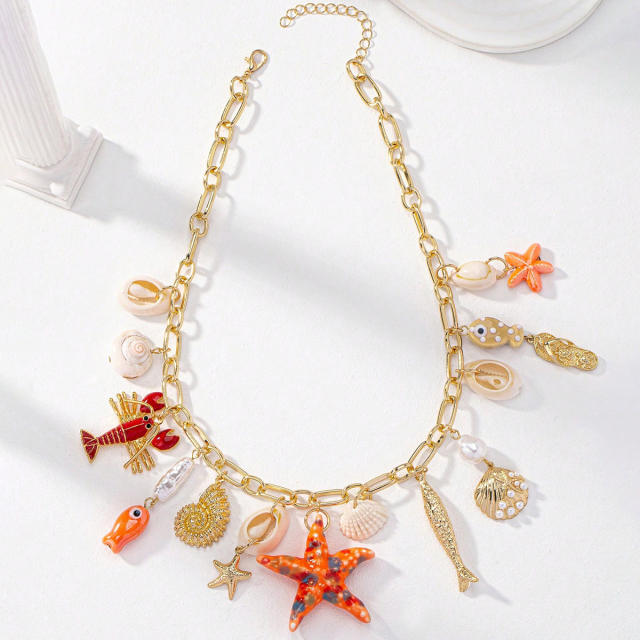 Summer beach fish coral shell charm necklace