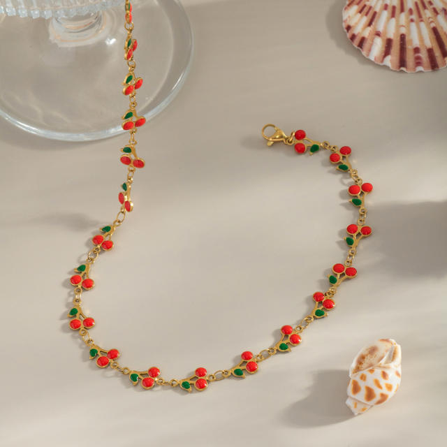 Summer sweet fruit cherry stainless steel choker necklace bracelet suit
