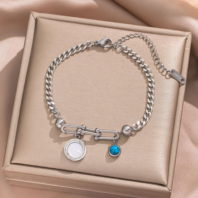 18KG turquoise stone bead butterfly heart clover charm stainless steel bracelet