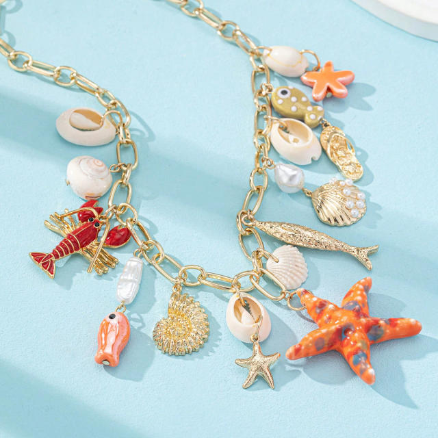Summer beach fish coral shell charm necklace