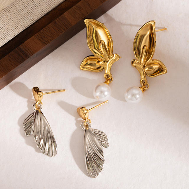 Two tone hot sale flower leaf drop shape stainless steel earrings