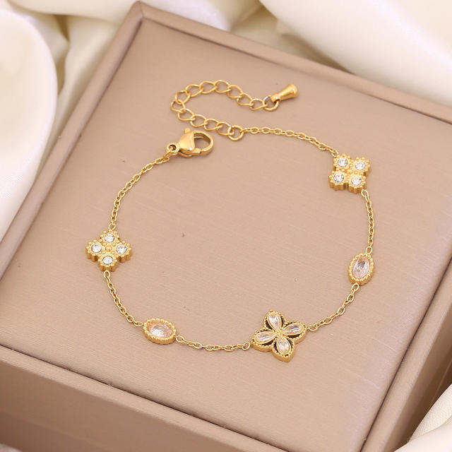 Delicate diamond clover two layer stainless steel bracelet