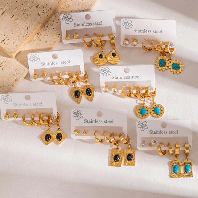 Vintage turquosie stone statement stainless steel earrings set