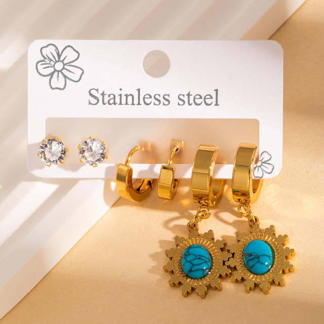Vintage turquosie stone statement stainless steel earrings set