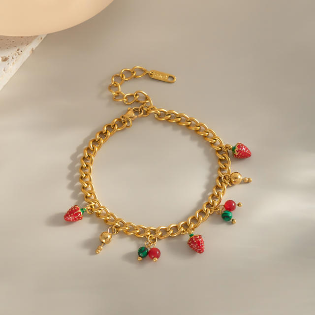 Summer holdiay sweet fruit strawberry charm stainless steel necklace bracelet suit