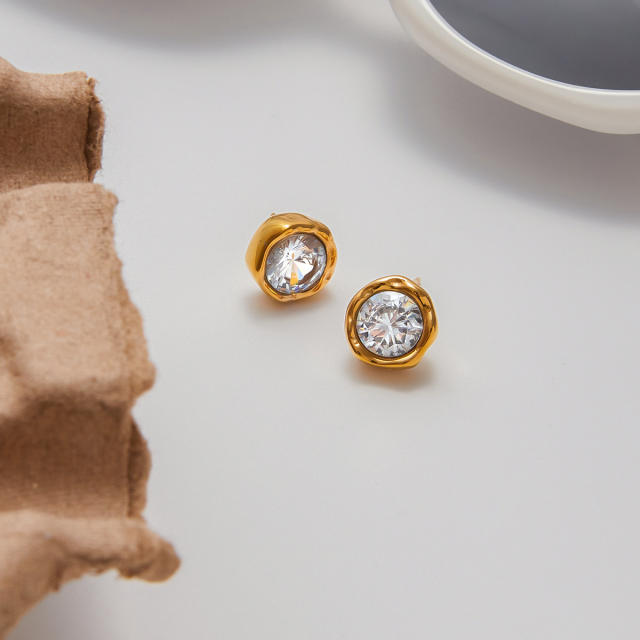 Classic 18KG round shape diamond stainless steel earrings