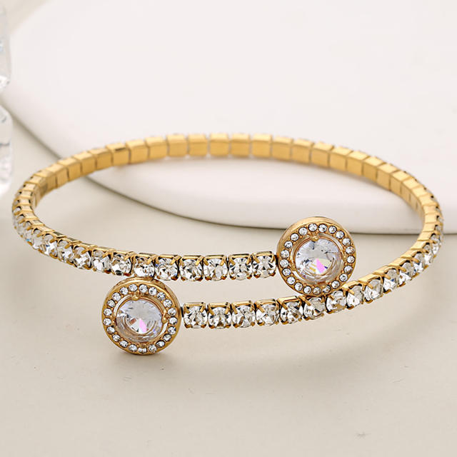 Fashion Single Row Crystal Zirconium Inlaid Round Full Diamond Open Claw Chain Stainless Steel Bracelet