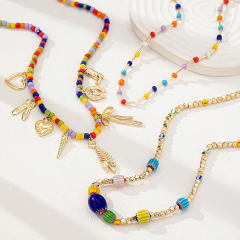 Summer colorful seed bead multi charm alloy necklace layer necklace set