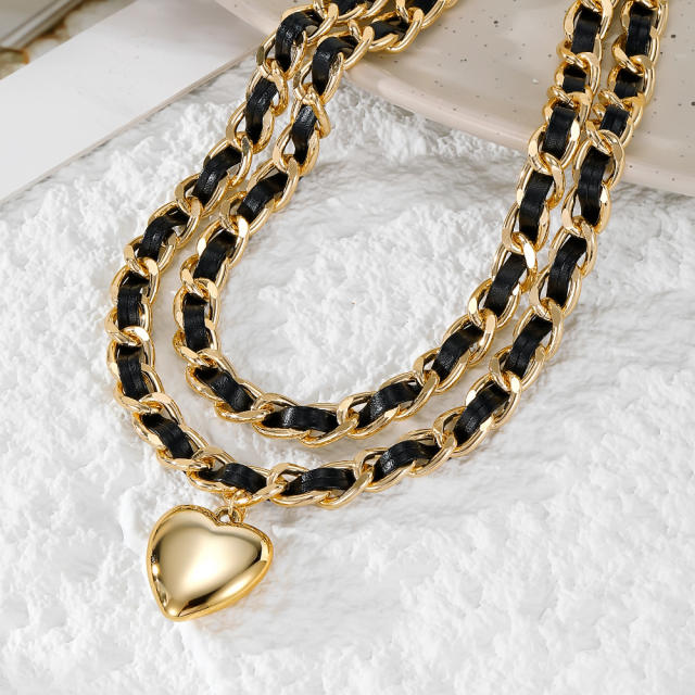 Elegant braid velvet alloy chain two layer heart pendant necklace