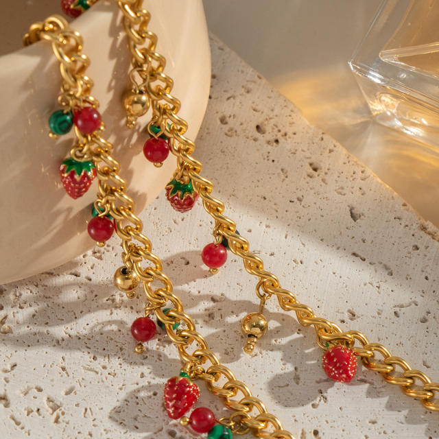 Summer holdiay sweet fruit strawberry charm stainless steel necklace bracelet suit