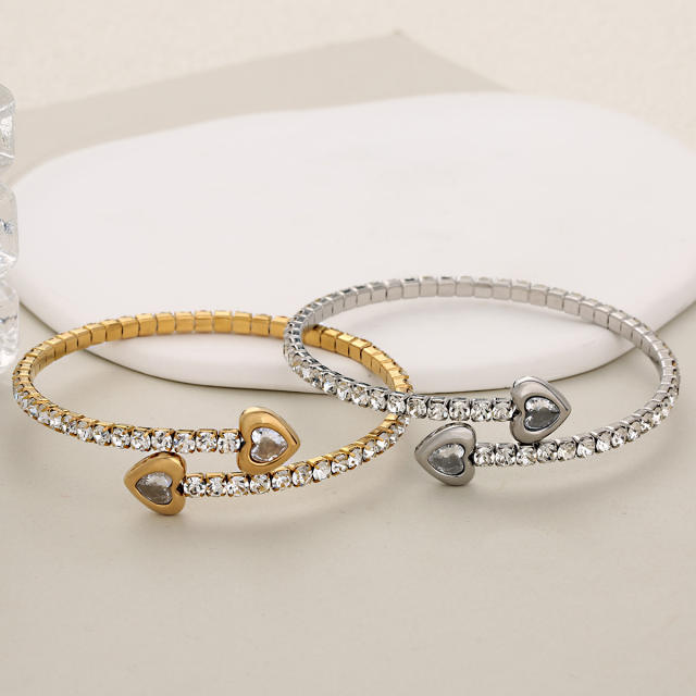 Luxury full diamond heart elastic stainless steel bangle