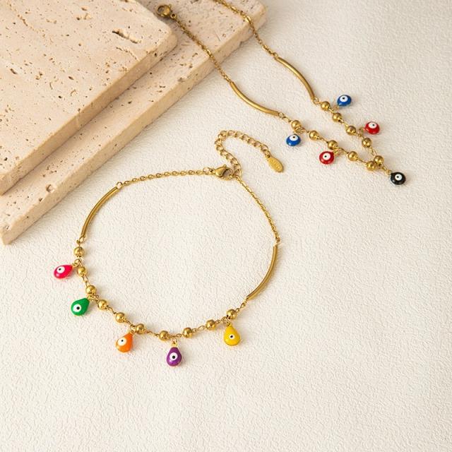 New design colorful enamel evil eye tassel stainless steel anklet