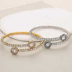 Fashion Single Row Crystal Zirconium Inlaid Round Full Diamond Open Claw Chain Stainless Steel Bracelet