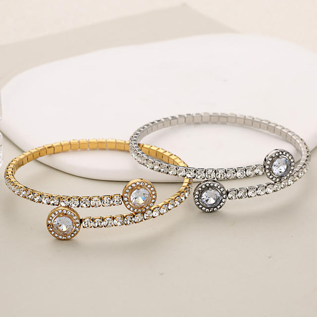 Fashion Single Row Crystal Zirconium Inlaid Round Full Diamond Open Claw Chain Stainless Steel Bracelet
