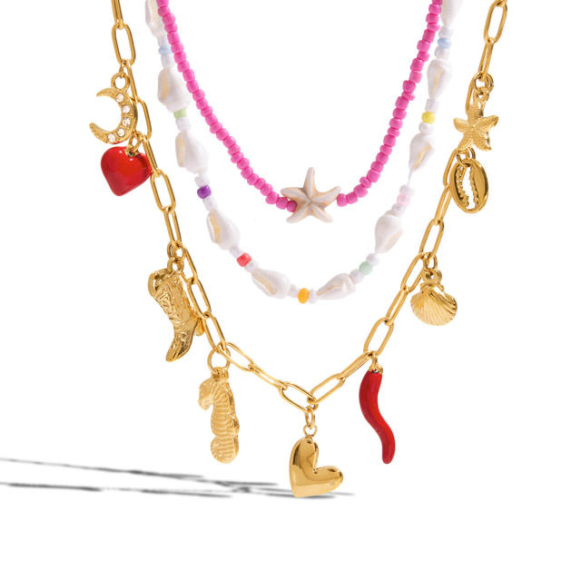 18K Gold Stainless Steel Holiday Style Pearl Necklace sweet pink color necklace